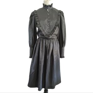 Vintage Black Long Sleeve Ruffle Details High Neckline Gothic Victorian Dress